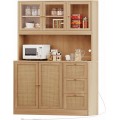 Irontar Rattan 70.9'' Kitchen Pantry, Kitchen Hutch with Microwave Stand & Charging Station, Boho Tall Storage Cabinet with Countertop, Bar Cabinet with Drawer, Glass Doors, Natural