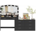 Irontar Vanity Desk with Large Mirror and 3-Color Lights, Makeup Vanity with 8 Drawers & Open Shelf, Side Cabinet with Width Adjustable, Makeup Table for Women, Black WDT007B